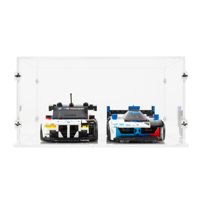 Front view of 2x LEGO Speed Champions Perpendicular Display Case with a clear base.