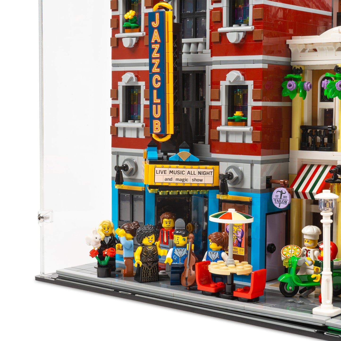 Fitting detail view of 3.5x 14 inch tall LEGO Modular Display Case.