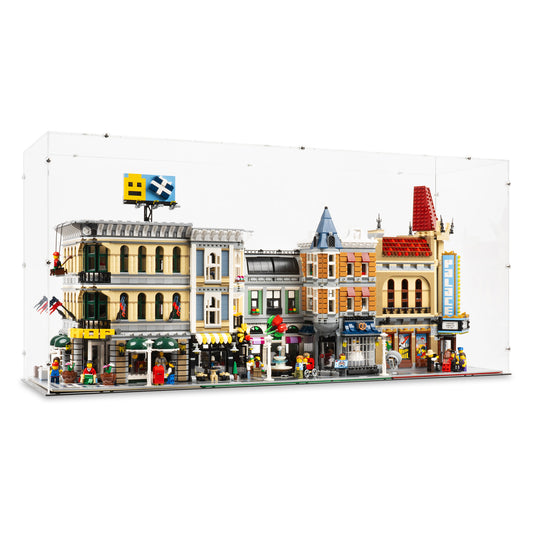 Angled view of 3.5x 16.5 inch tall LEGO Modular Display Case.