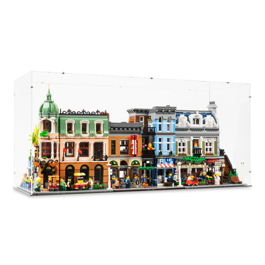 Angled view of 3x 14 inch tall LEGO Modular Display Case.