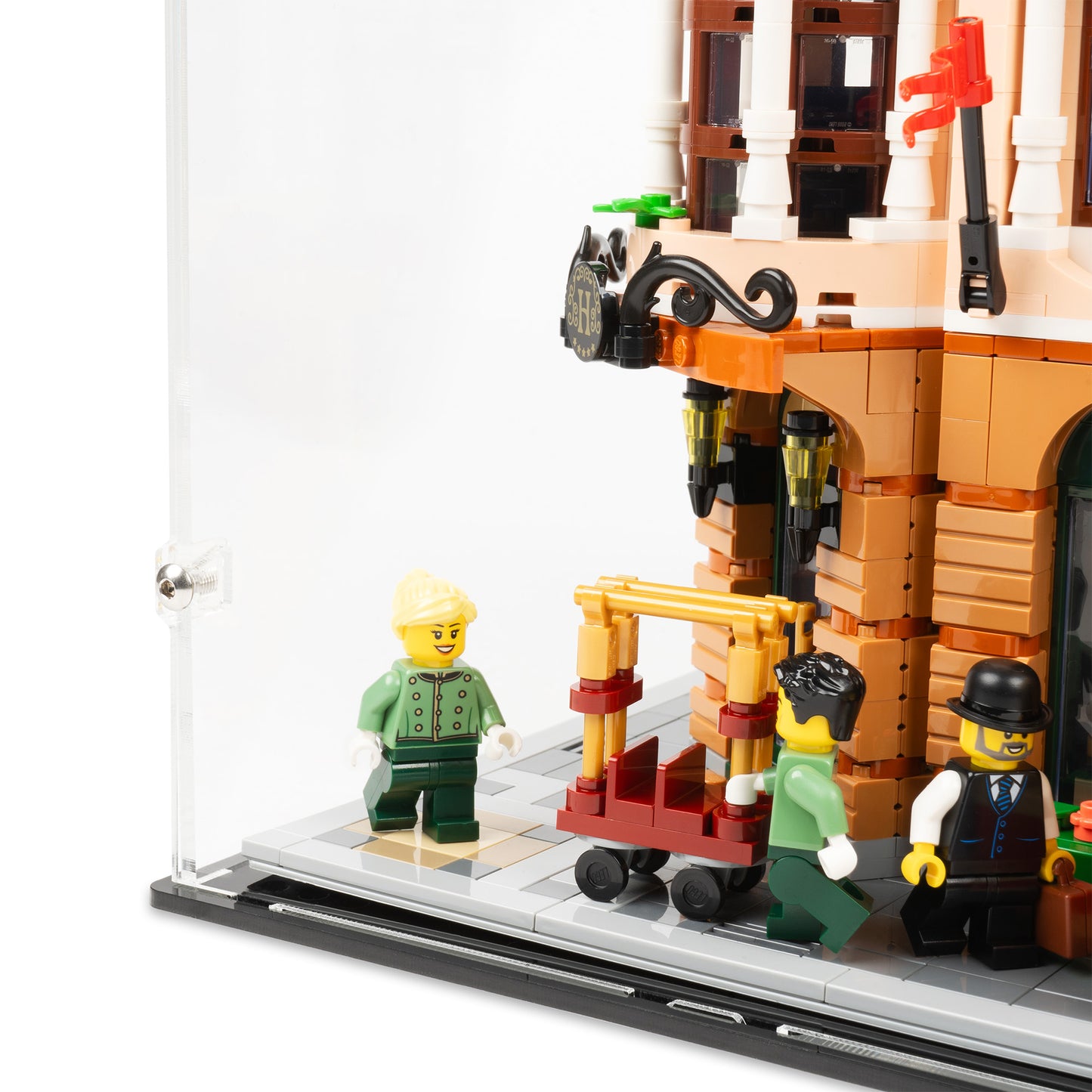 Fitting detail view of 3x 14 inch tall LEGO Modular Display Case.