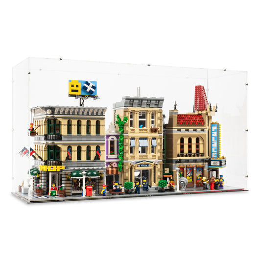 Angled view of 3x 16.5 inch tall LEGO Modular Display Case.