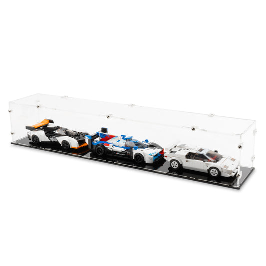 Angled top view of 3x LEGO Speed Champions Parallel Display Case with a black base.