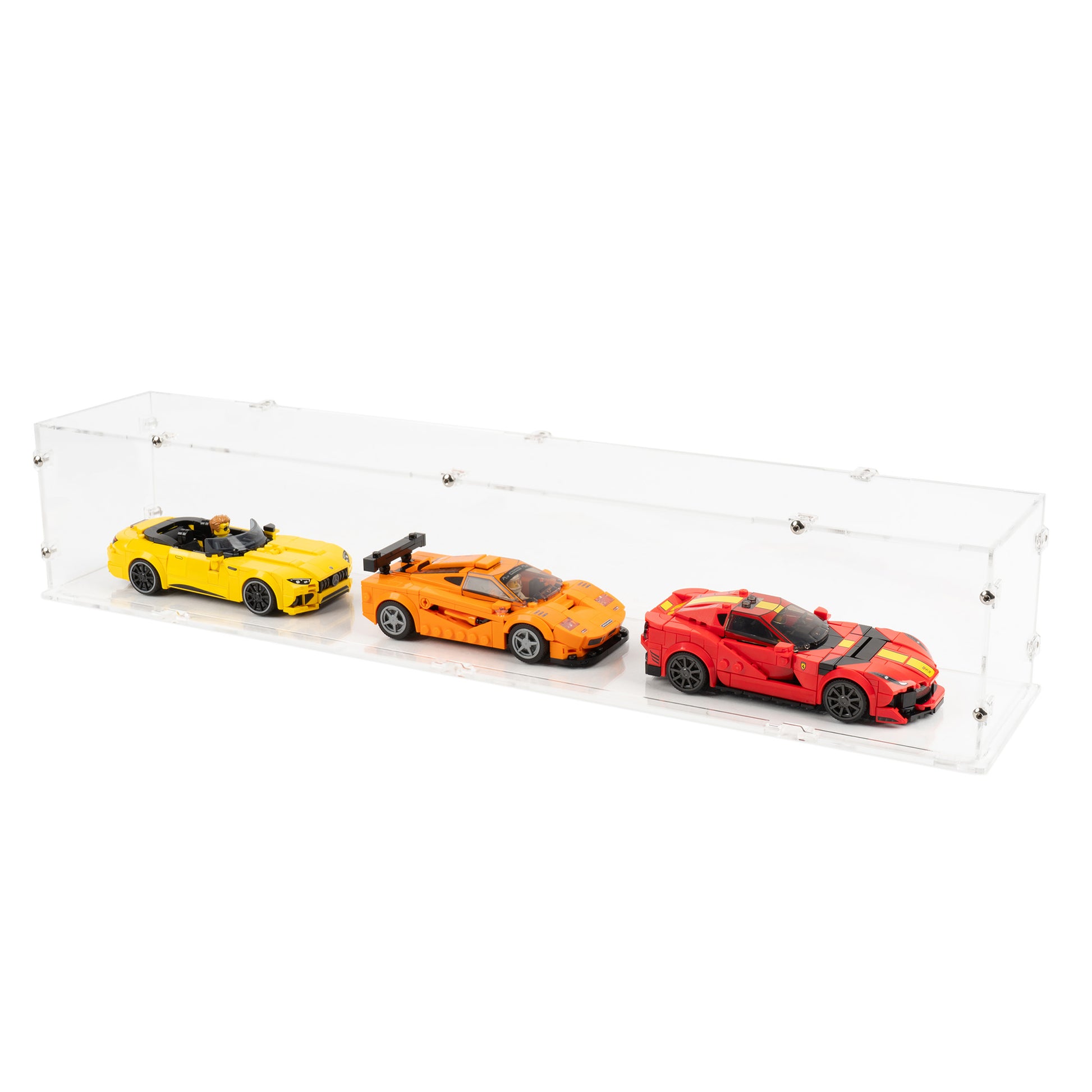 Angled top view of 3x LEGO Speed Champions Parallel Display Case with a stackable clear base.