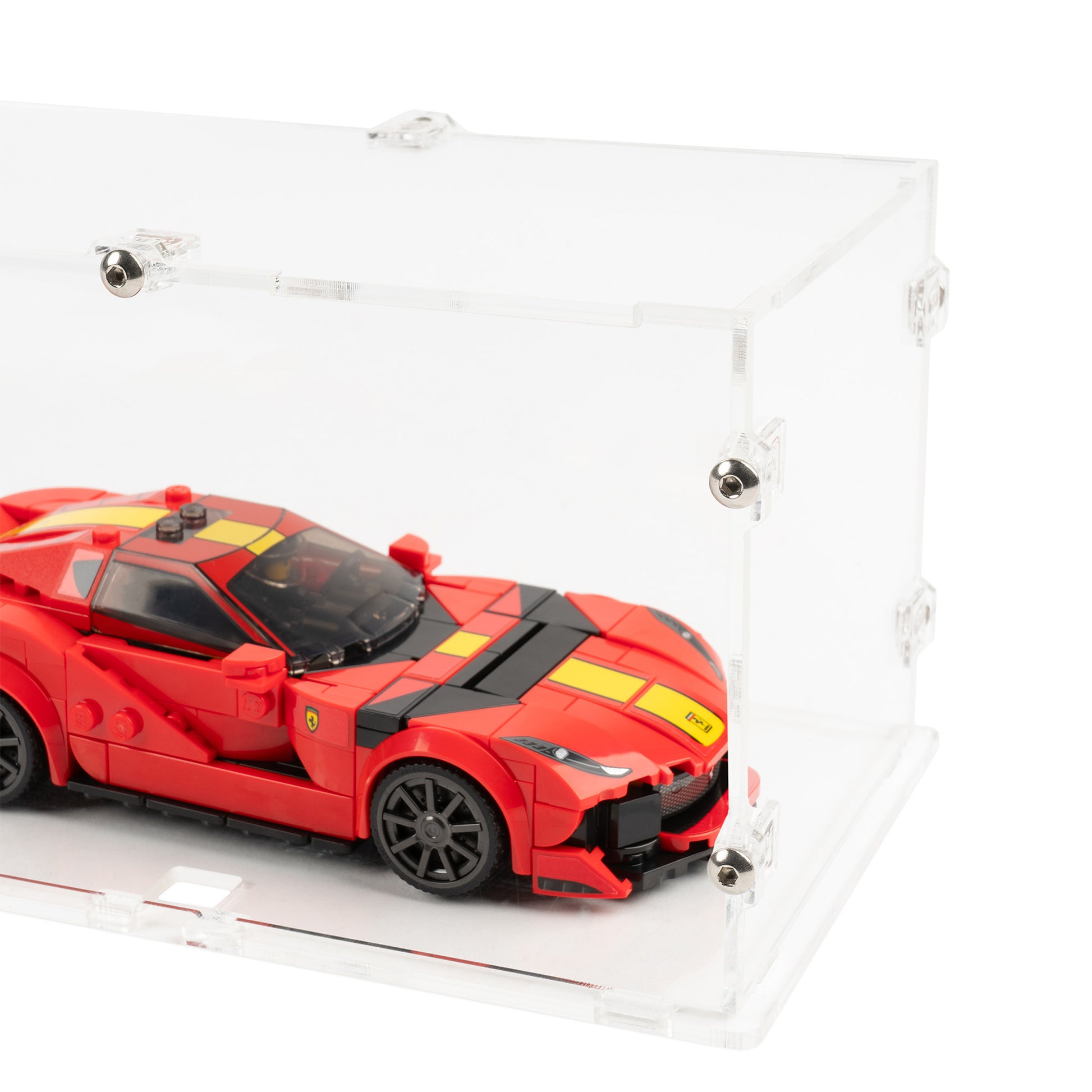 Fitting detail view of 3x LEGO Speed Champions Parallel Display Case with a stackable clear base.