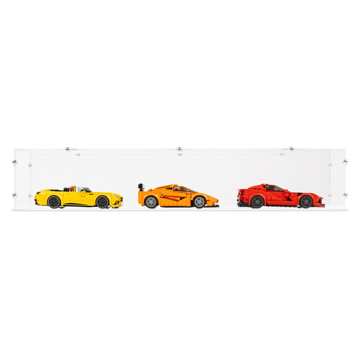 Front view of 3x LEGO Speed Champions Parallel Display Case with a stackable clear base.