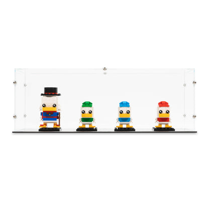 Front view of 4x LEGO BrickHeadz Display Case with a Black Base.