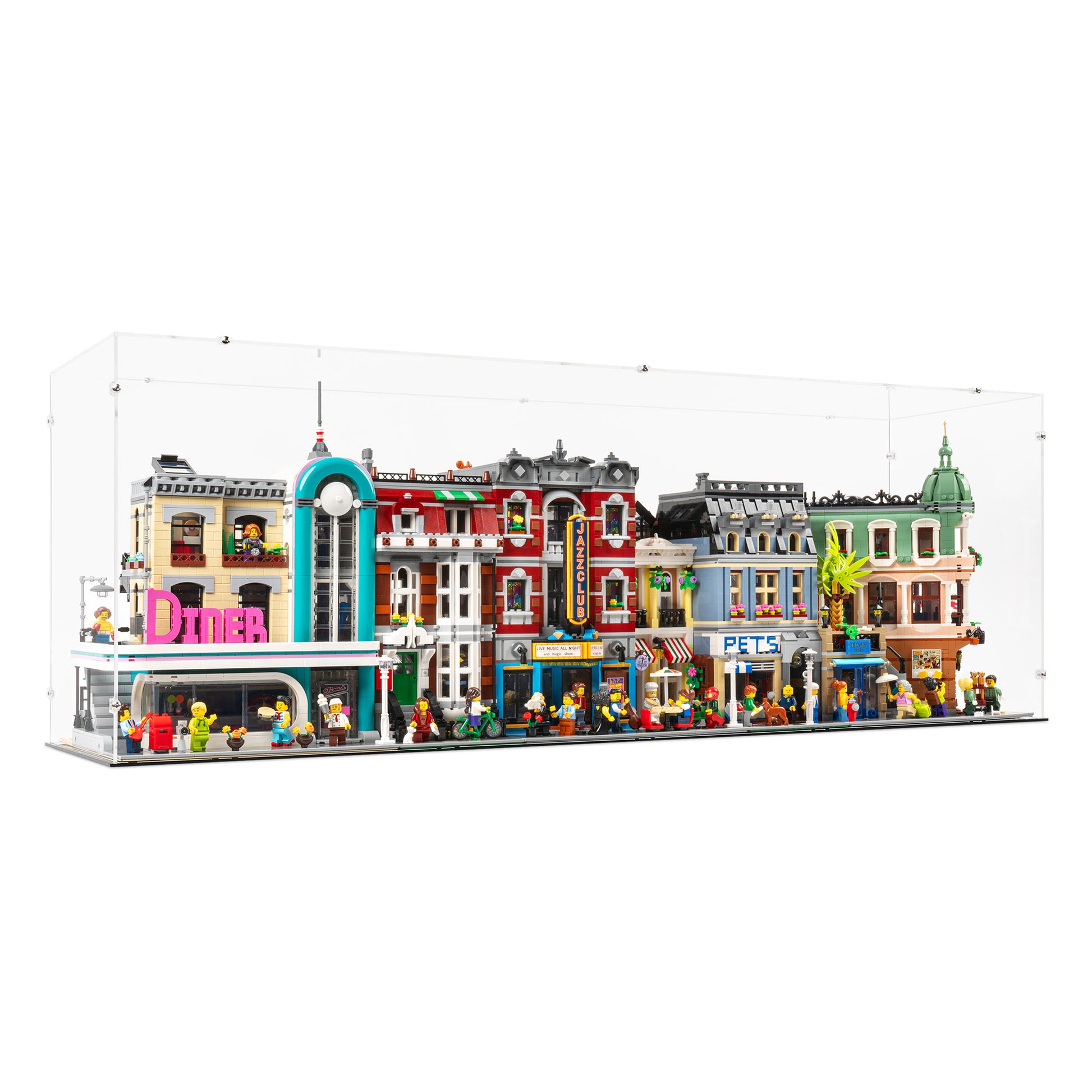 Angled view of 4x 14 inch tall LEGO Modular Display Case.