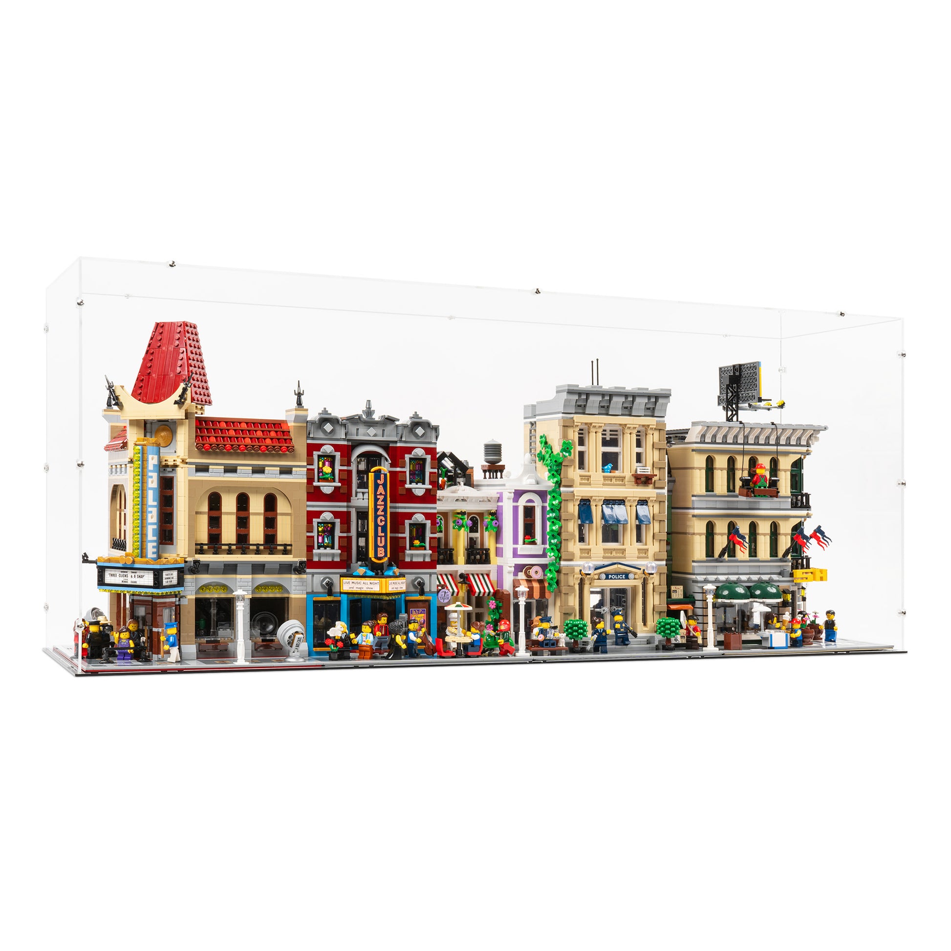 Angled view of 4x 16.5 inch tall LEGO Modular Display Case.