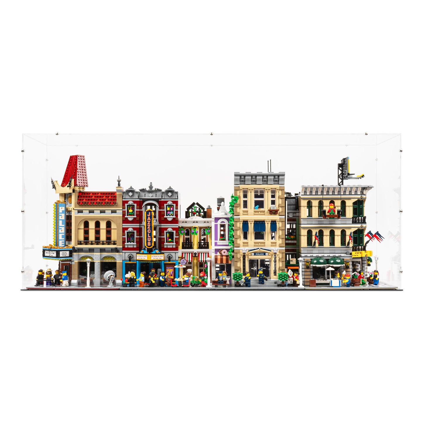 Front view of 4x 16.5 inch tall LEGO Modular Display Case.