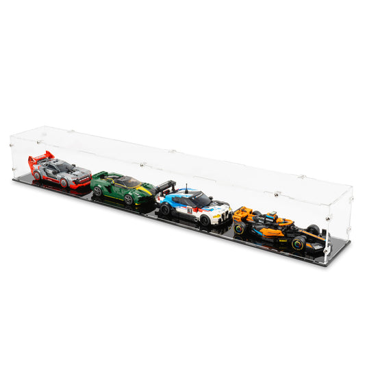 Angled top view of 4x LEGO Speed Champions Parallel Display Case with a black base.