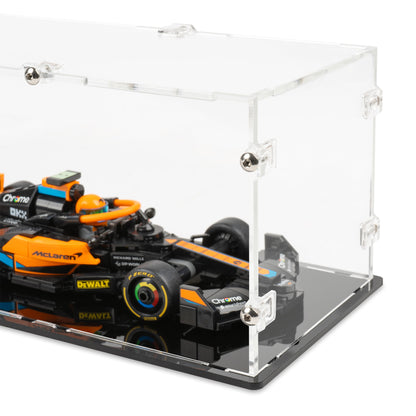 Fitting detail view of 4x LEGO Speed Champions Parallel Display Case with a black base.