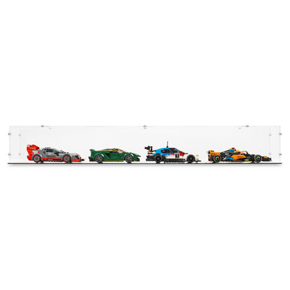 Front view of 4x LEGO Speed Champions Parallel Display Case with a black base.