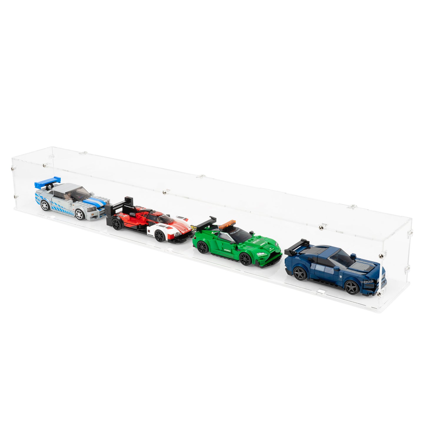 Angled top view of 4x LEGO Speed Champions Parallel Display Case with a stackable clear base.