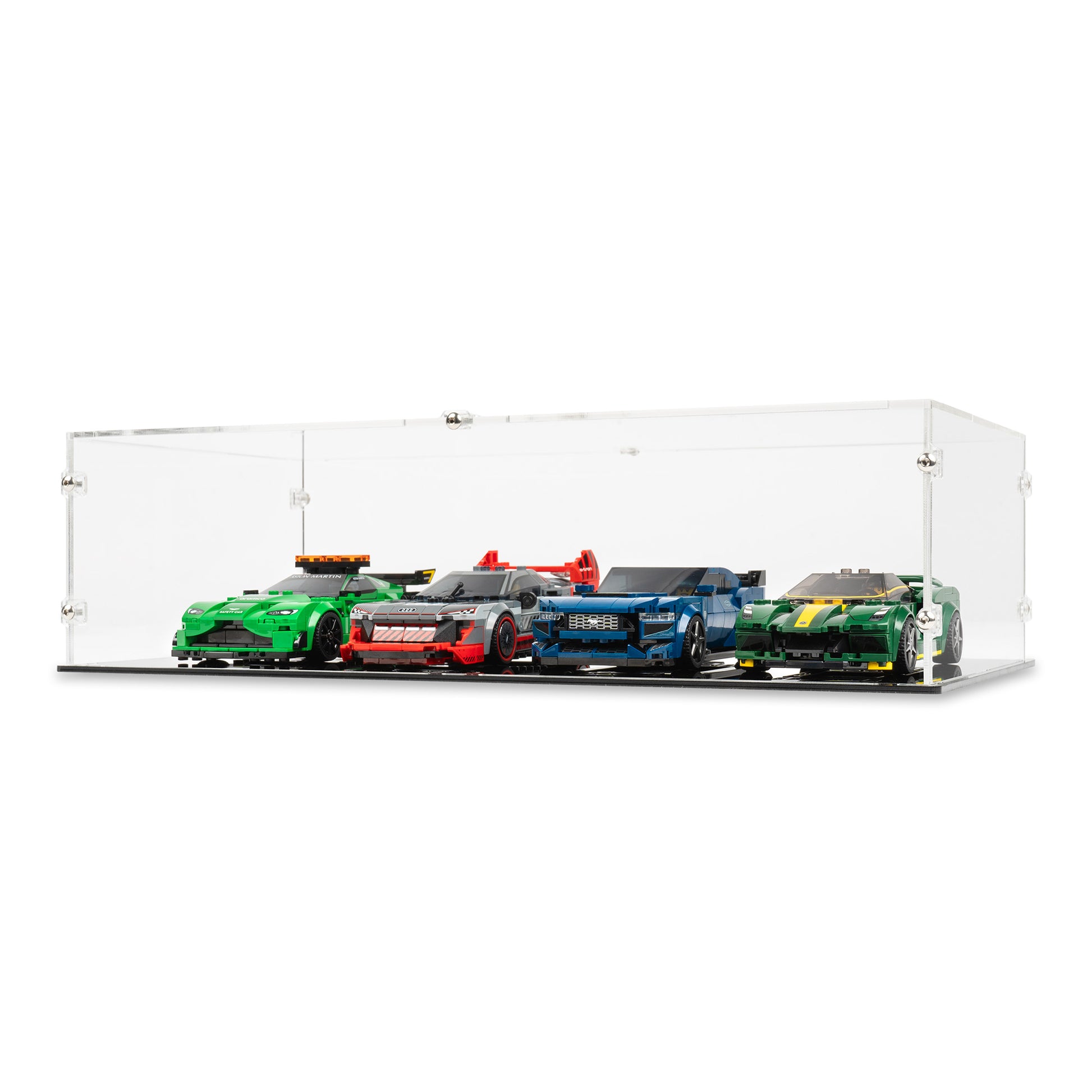 Angled view of 4x LEGO Speed Champions Perpendicular Display Case with a black base.