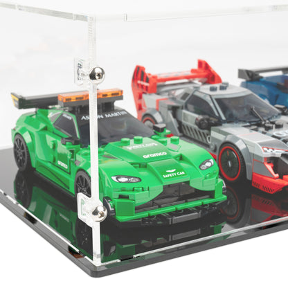 Fitting detail view of 4x LEGO Speed Champions Perpendicular Display Case with a black base.