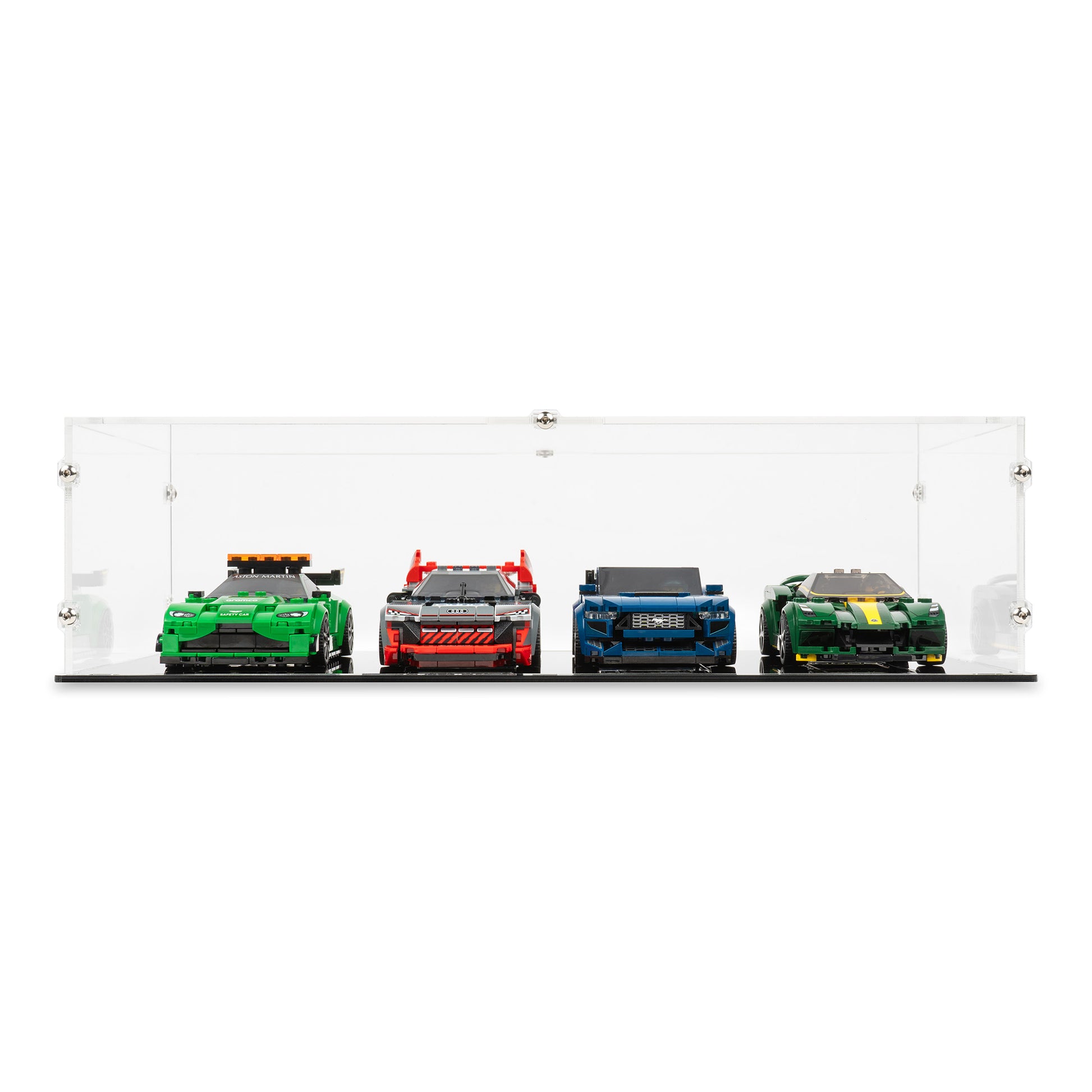 Front view of 4x LEGO Speed Champions Perpendicular Display Case with a black base.