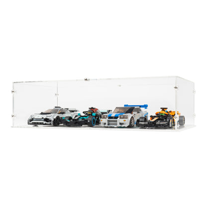 Angled view of 4x LEGO Speed Champions Perpendicular Display Case with a stackable clear base.