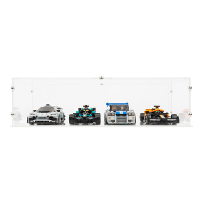 Front view of 4x LEGO Speed Champions Perpendicular Display Case with a stackable clear base.