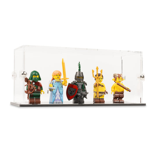 Angled view of 5 LEGO Minifigures Display Case with a black base.