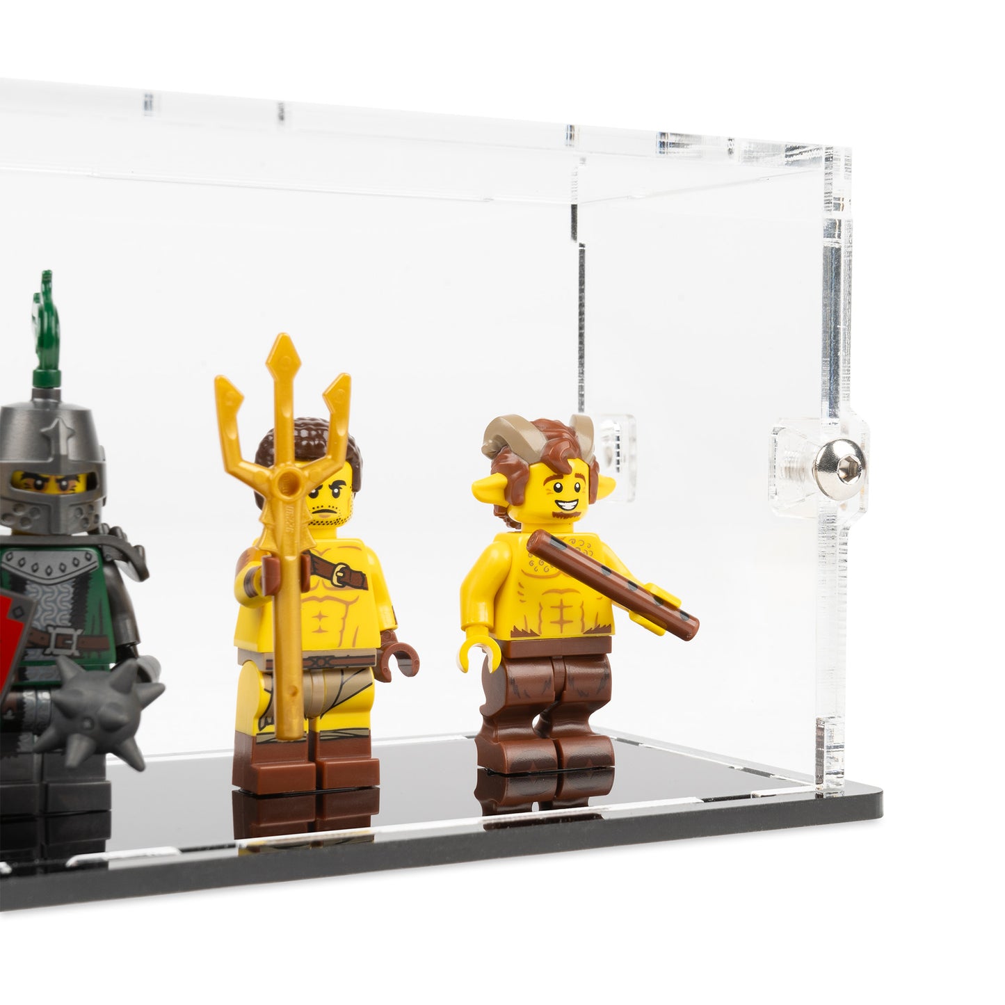 Fitting detail view of 5 LEGO Minifigures Display Case with a black base.