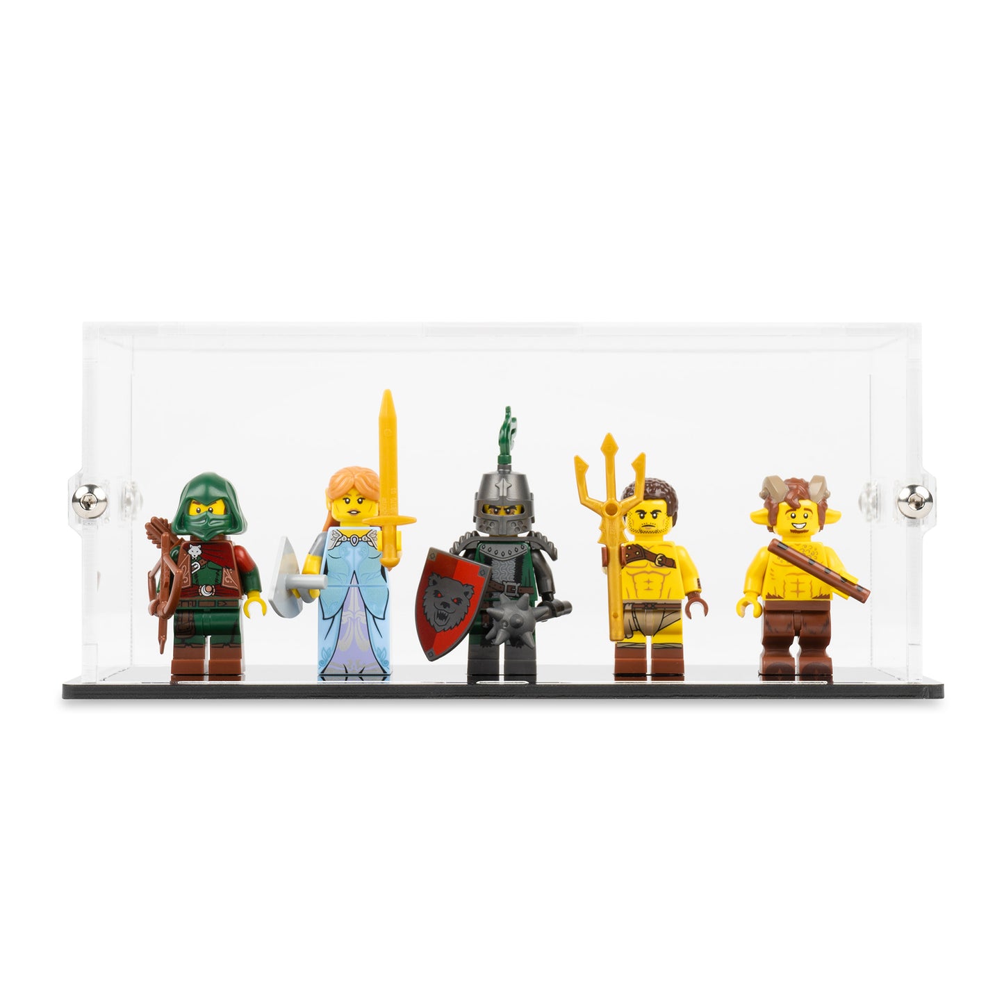 Front view of 5 LEGO Minifigures Display Case with a black base.