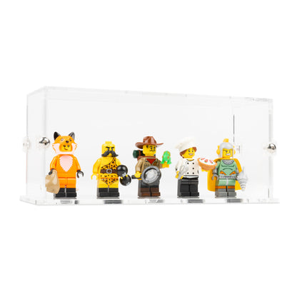 Angled view of 5 LEGO Minifigures Display Case with a clear base.