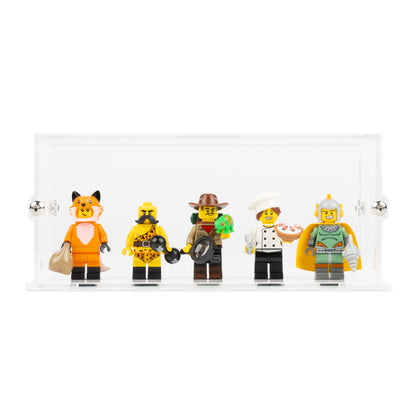 Front view of 5 LEGO Minifigures Display Case with a clear base.