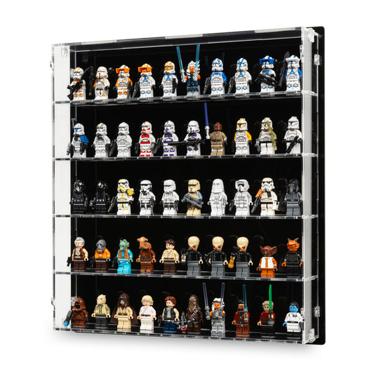 Angled view of 50 LEGO Minifigures Wall-Mounted Display Case.