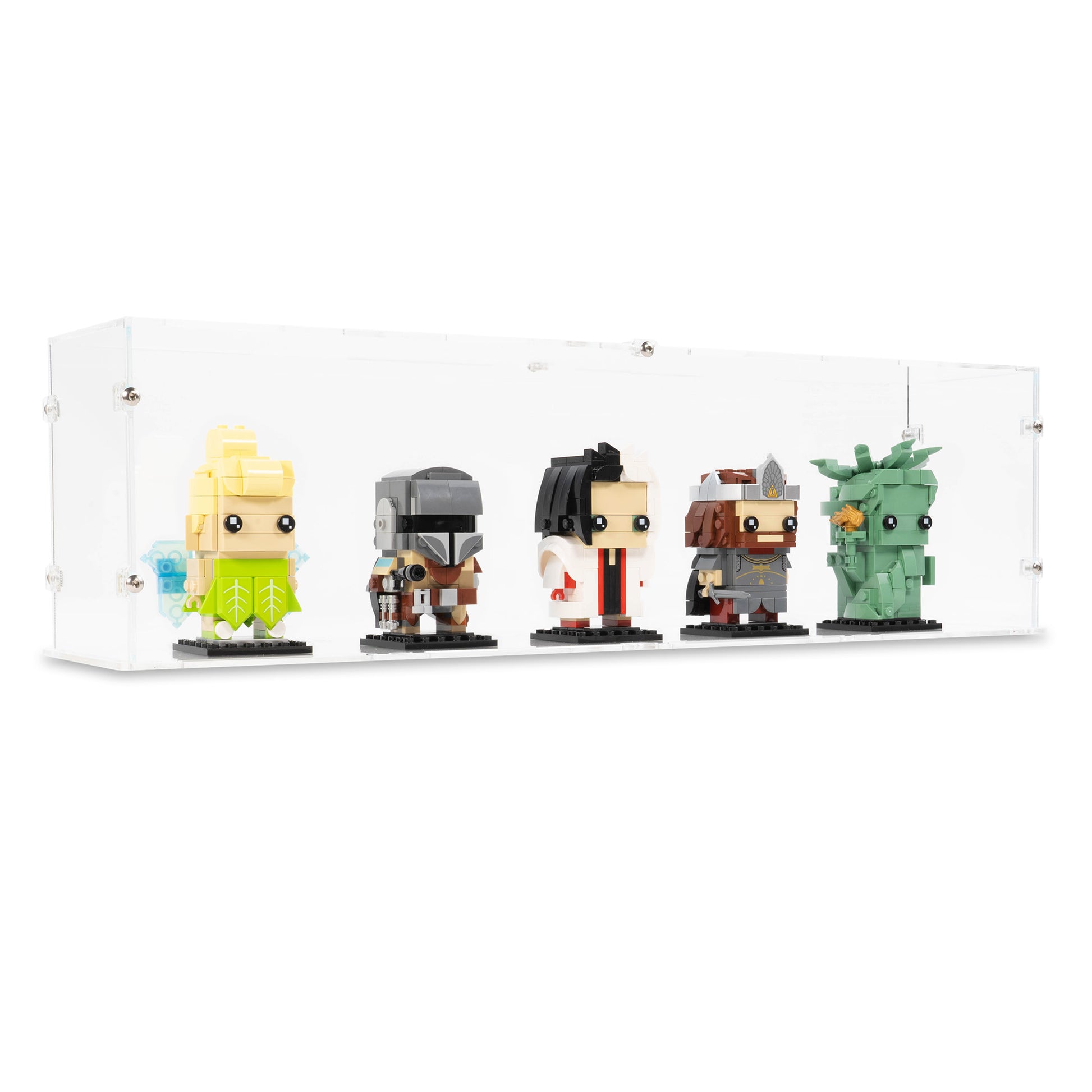 Angled view of 5x LEGO BrickHeadz Display Case with a Clear Base.