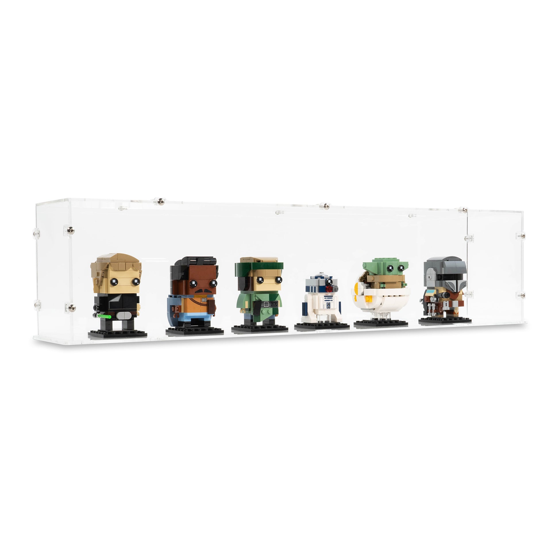 Angled view of 6x LEGO BrickHeadz Display Case with a Clear Base.