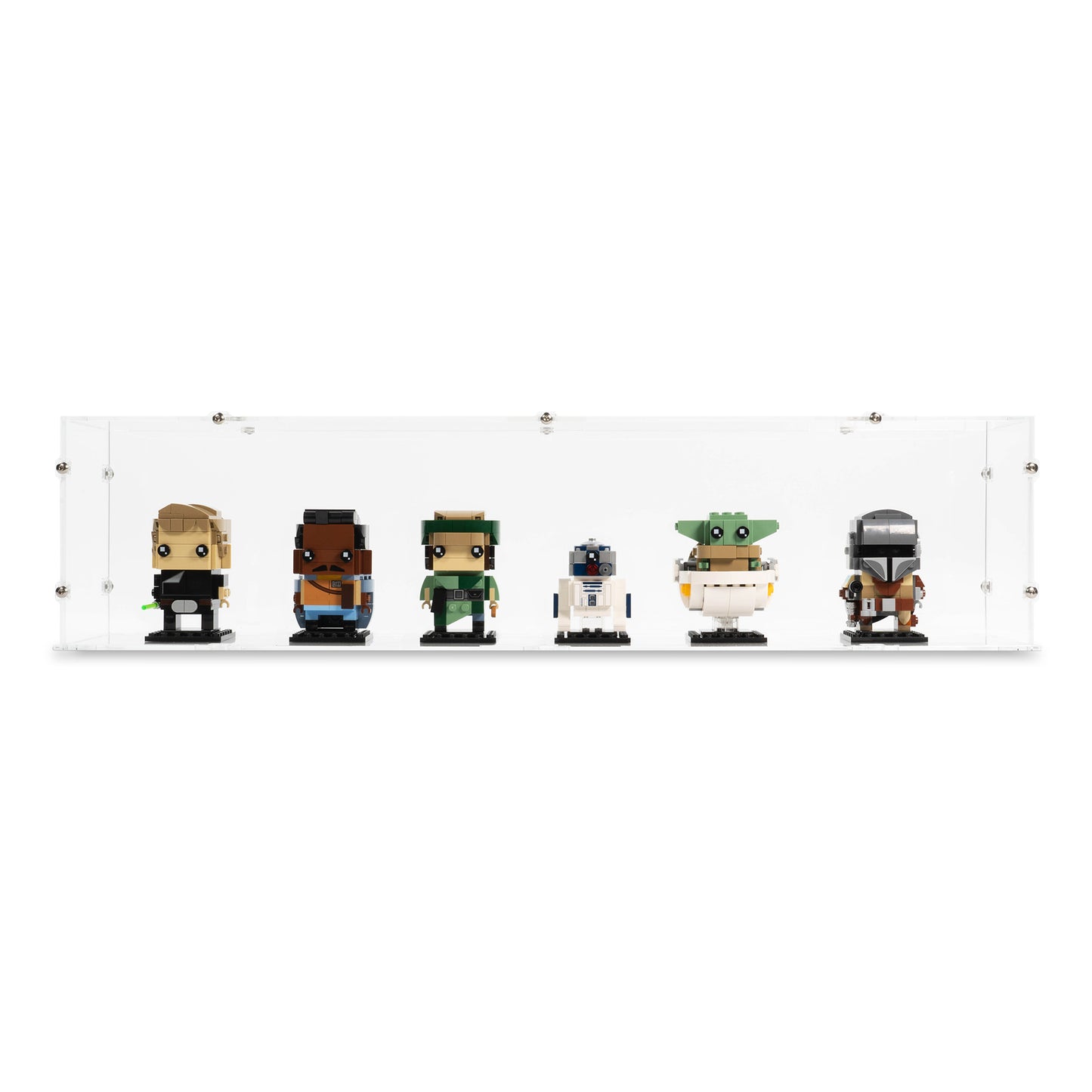 Front view of 6x LEGO BrickHeadz Display Case with a Clear Base.