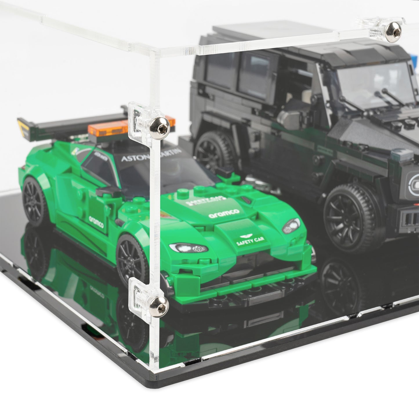 Fitting detail view of 6x LEGO Speed Champions Perpendicular Display Case with a black base.