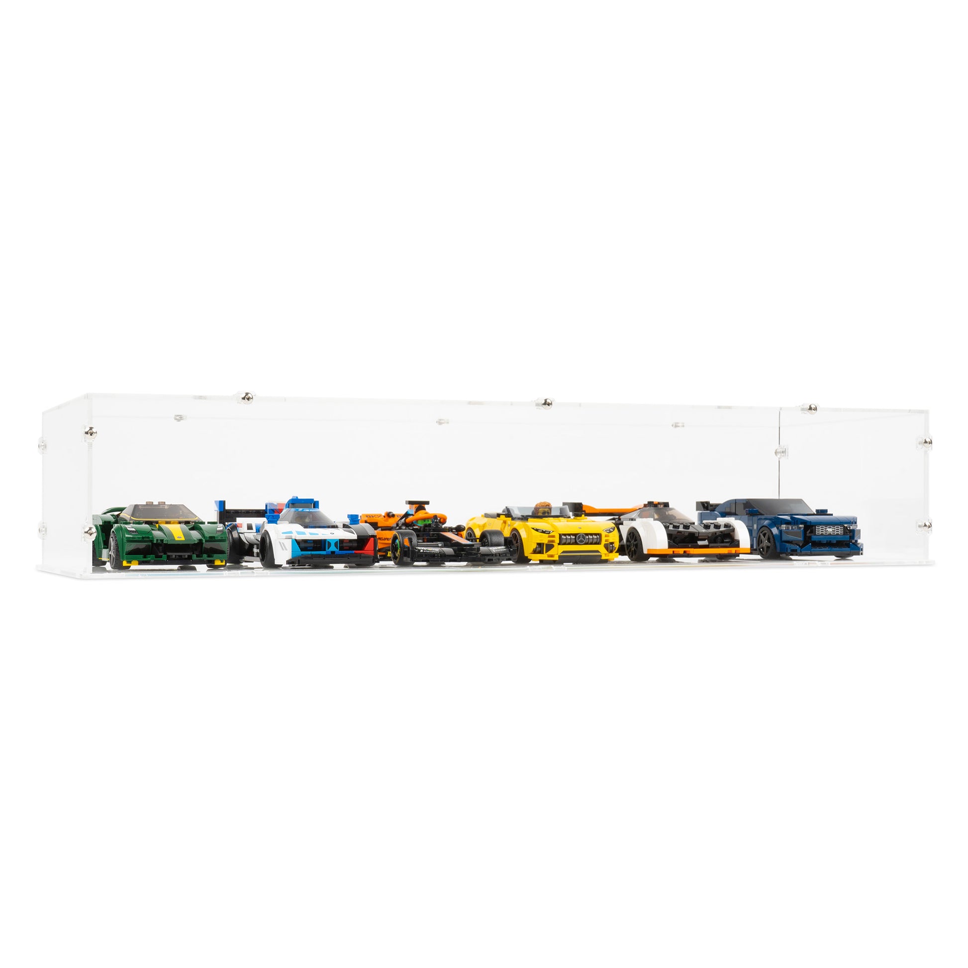 Angled view of 6x LEGO Speed Champions Perpendicular Display Case with a stackable clear base.