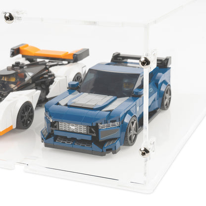 Fitting detail view of 6x LEGO Speed Champions Perpendicular Display Case with a stackable clear base.