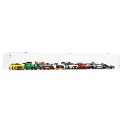 Angled view of 8x LEGO Speed Champions Perpendicular Display Case with a stackable clear base.