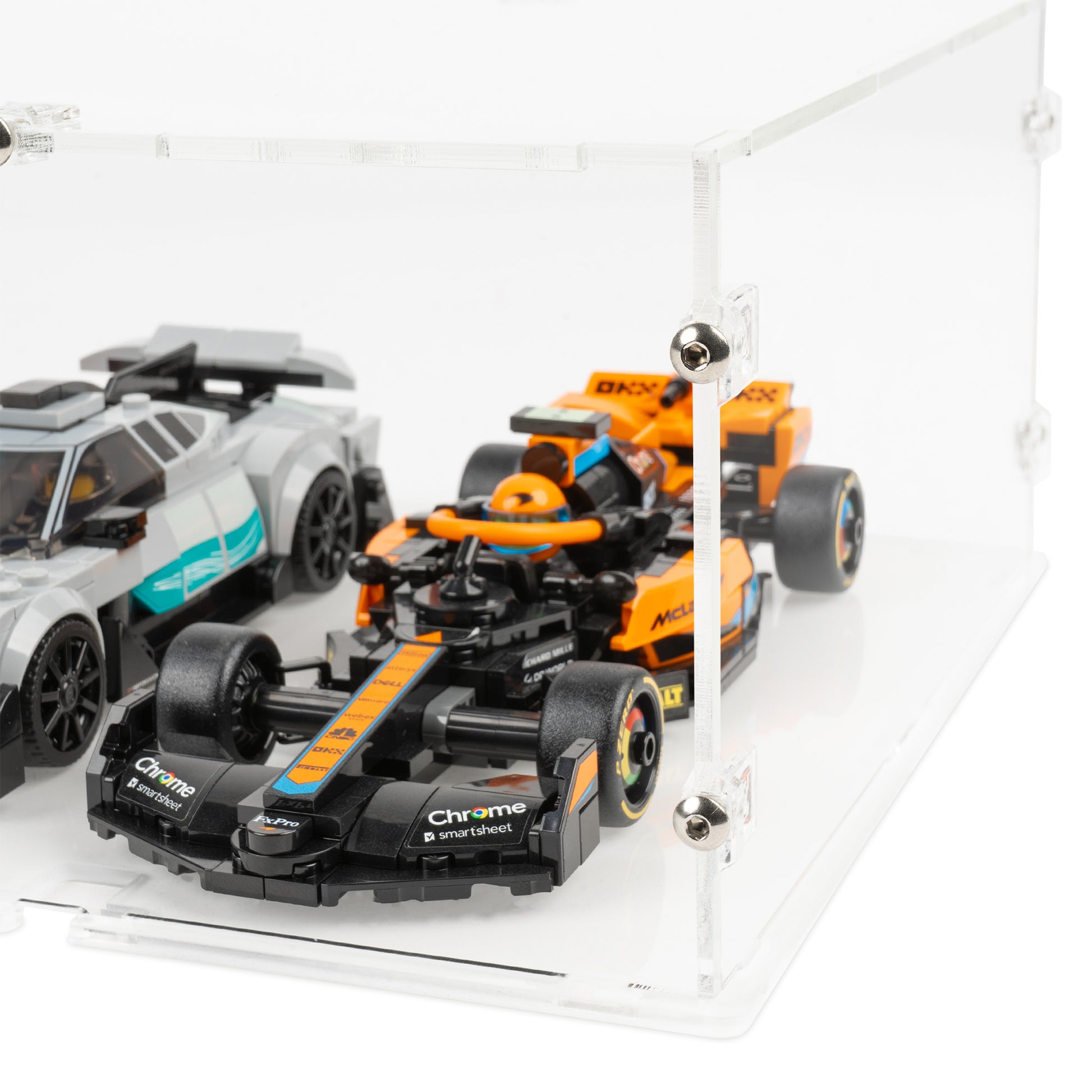 Fitting detail view of 8x LEGO Speed Champions Perpendicular Display Case with a stackable clear base.