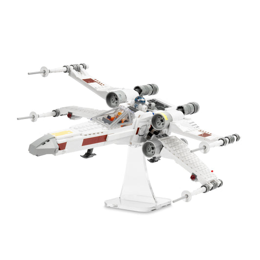 Angled view of angled 4 inch LEGO display stand with X-Wing Fighter.