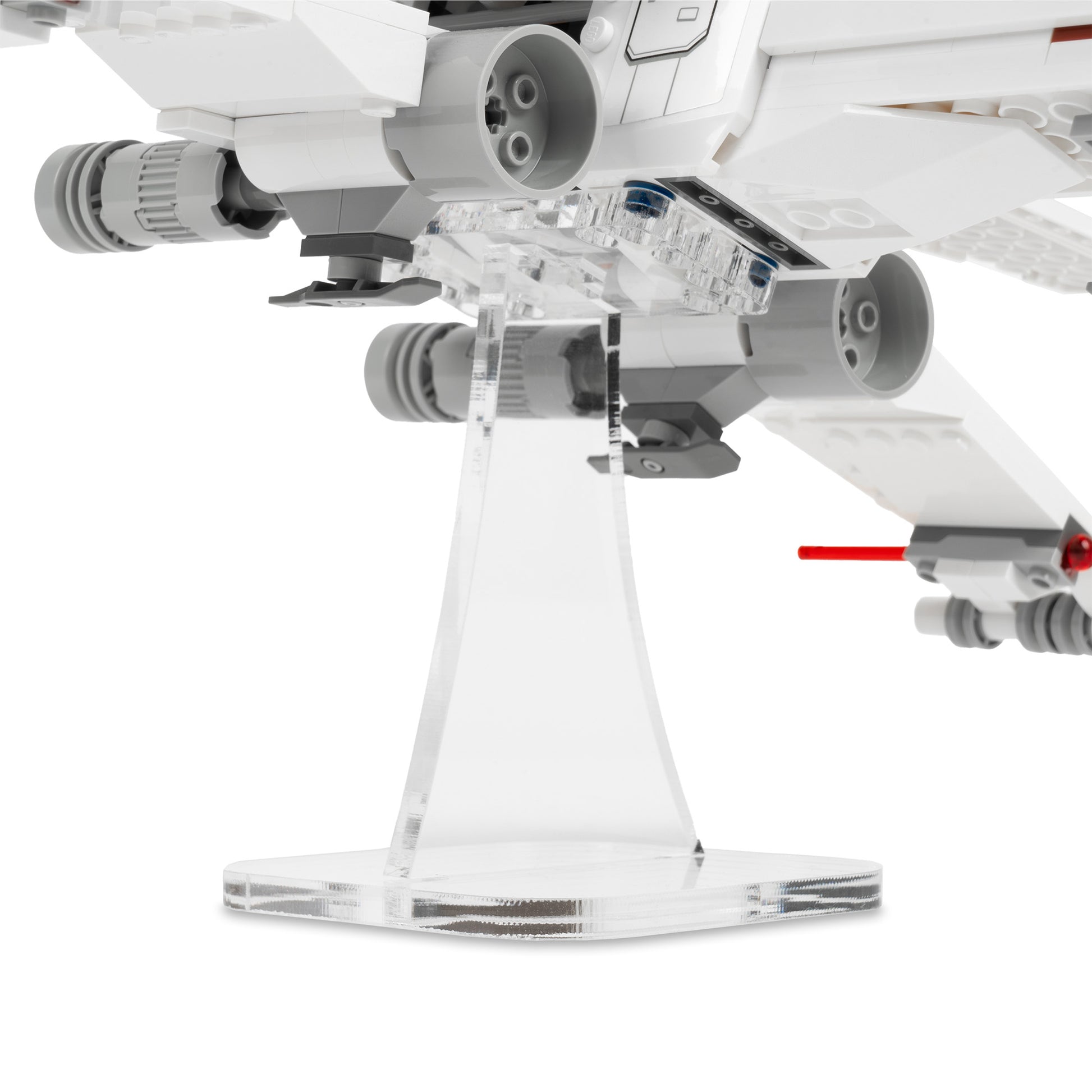 Connection detail view of angled 4 inch LEGO display stand with X-Wing Fighter.
