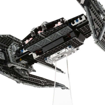 Connection detail view of angled 8 inch LEGO display stand with Kylo Ren's TIE Fighter.