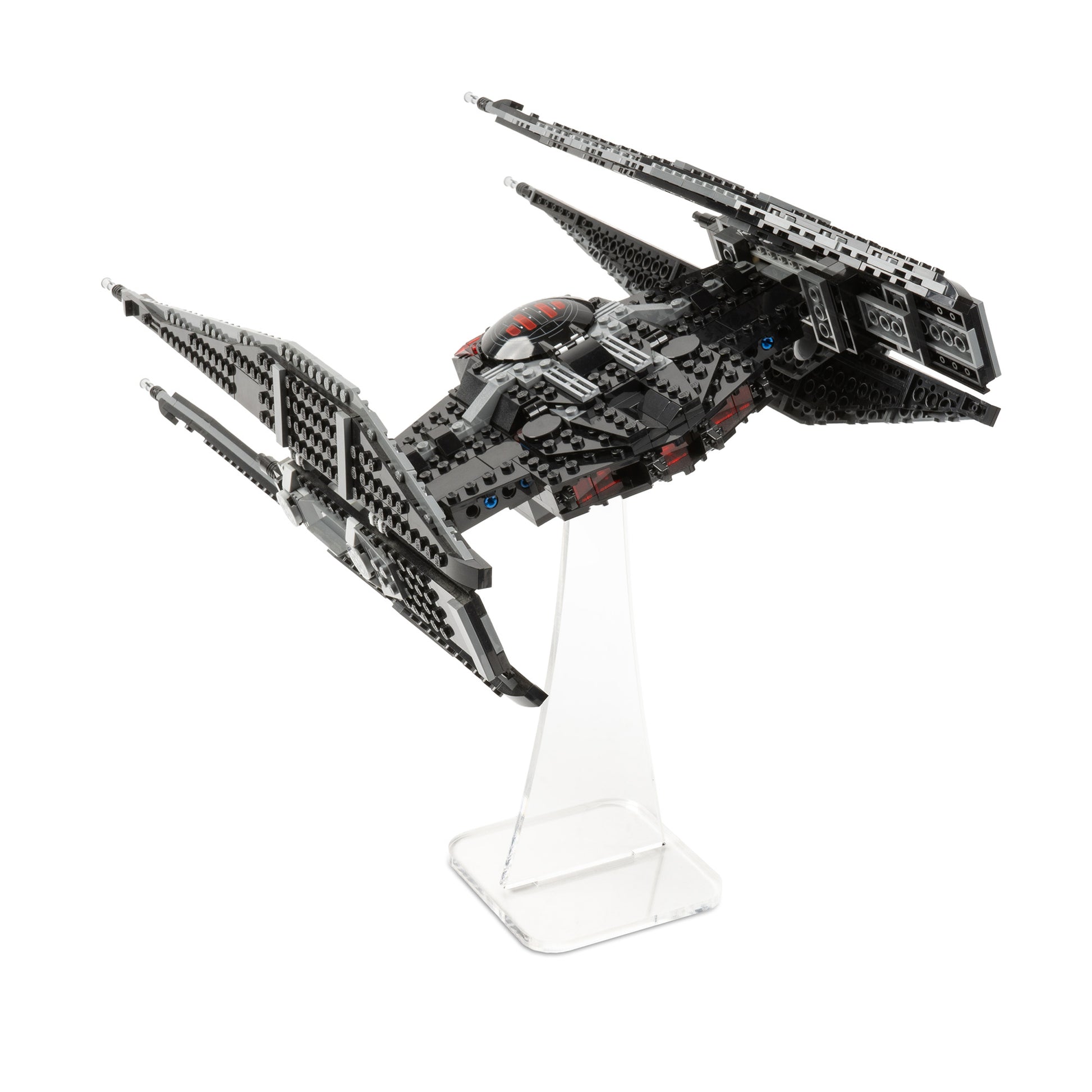 Back angled view of angled 8 inch LEGO display stand with Kylo Ren's TIE Fighter.