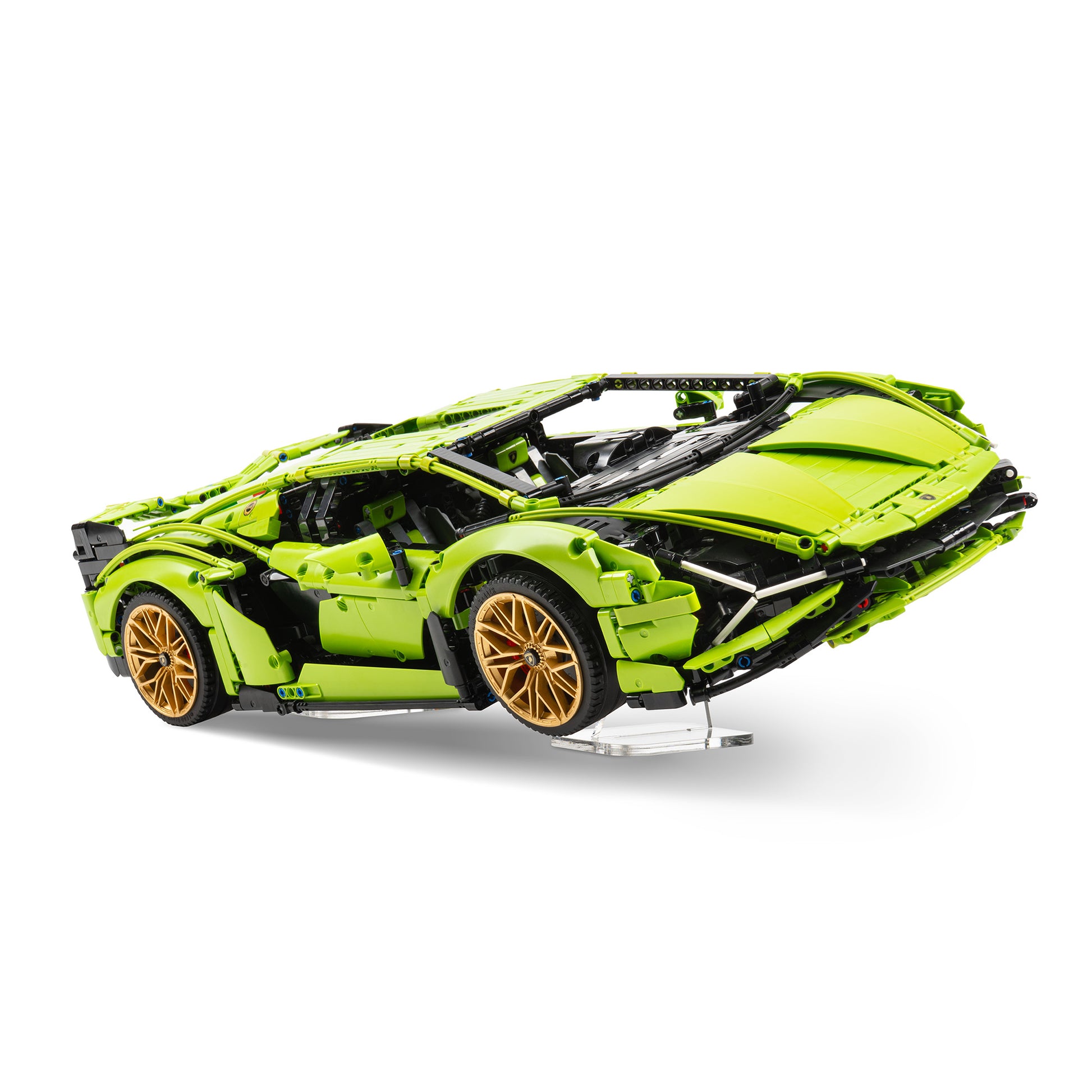 Angled view of short angled LEGO Technic display stand with 42115 Lamborghini Sián FKP 37.