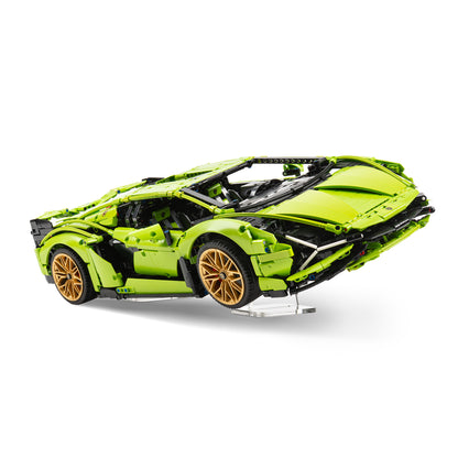 Angled view of short angled LEGO Technic display stand with 42115 Lamborghini Sián FKP 37.