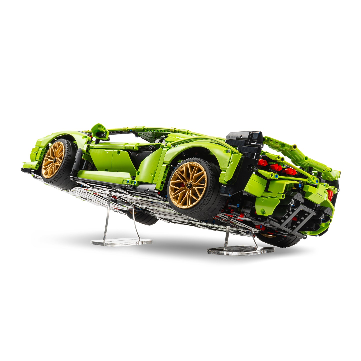 Back angled view of short angled LEGO Technic display stand with 42115 Lamborghini Sián FKP 37.