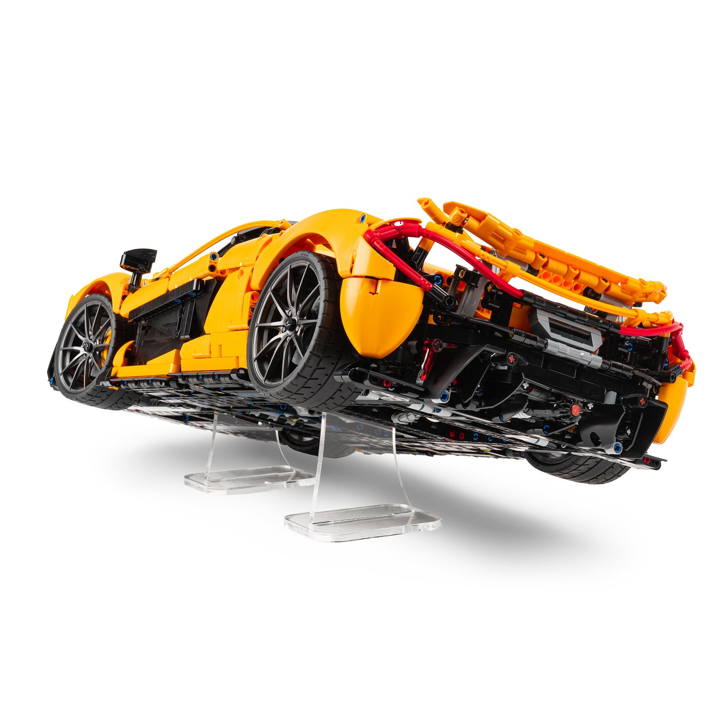 Back angled view of short angled LEGO Technic display stand with 42172 McLaren P1.