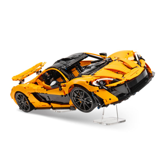 Angled view of tall angled LEGO Technic display stand with 42172 McLaren P1.