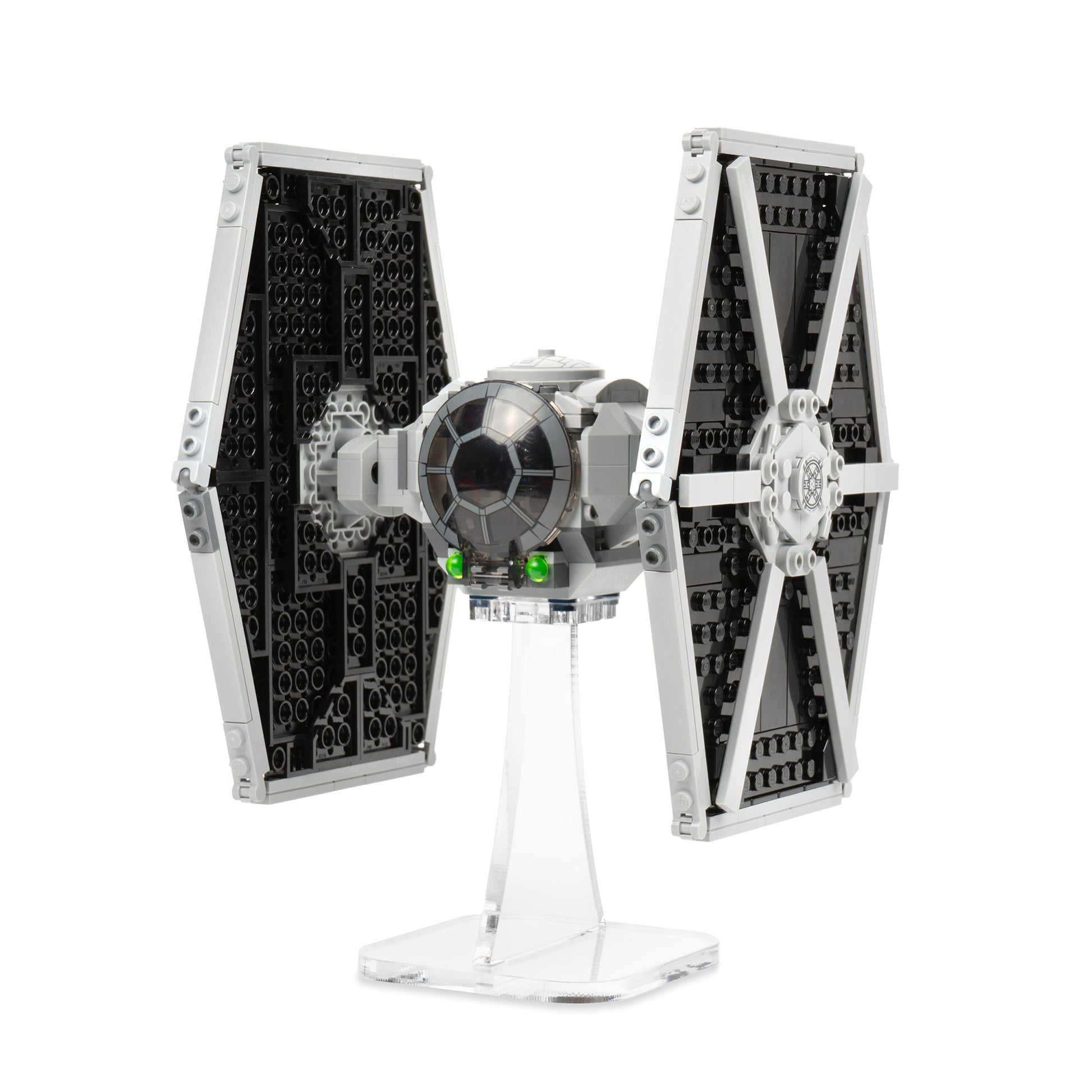 Angled view of flat 4 inch LEGO display stand with Imperial TIE Fighter.