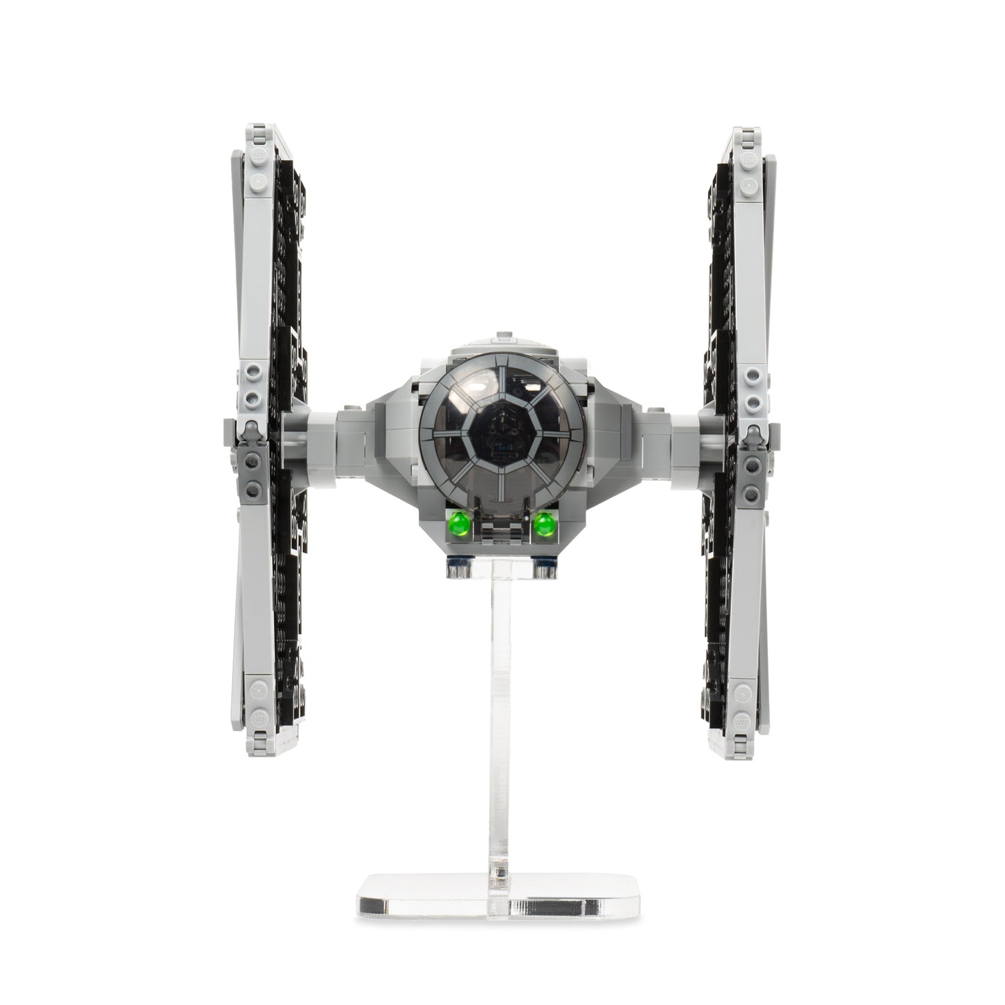 Front view of flat 4 inch LEGO display stand with Imperial TIE Fighter.