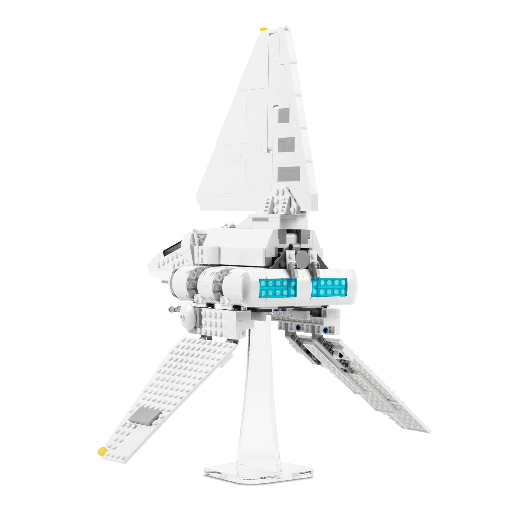 Back angled view of flat 6 inch LEGO display stand with Imperial Shuttle.