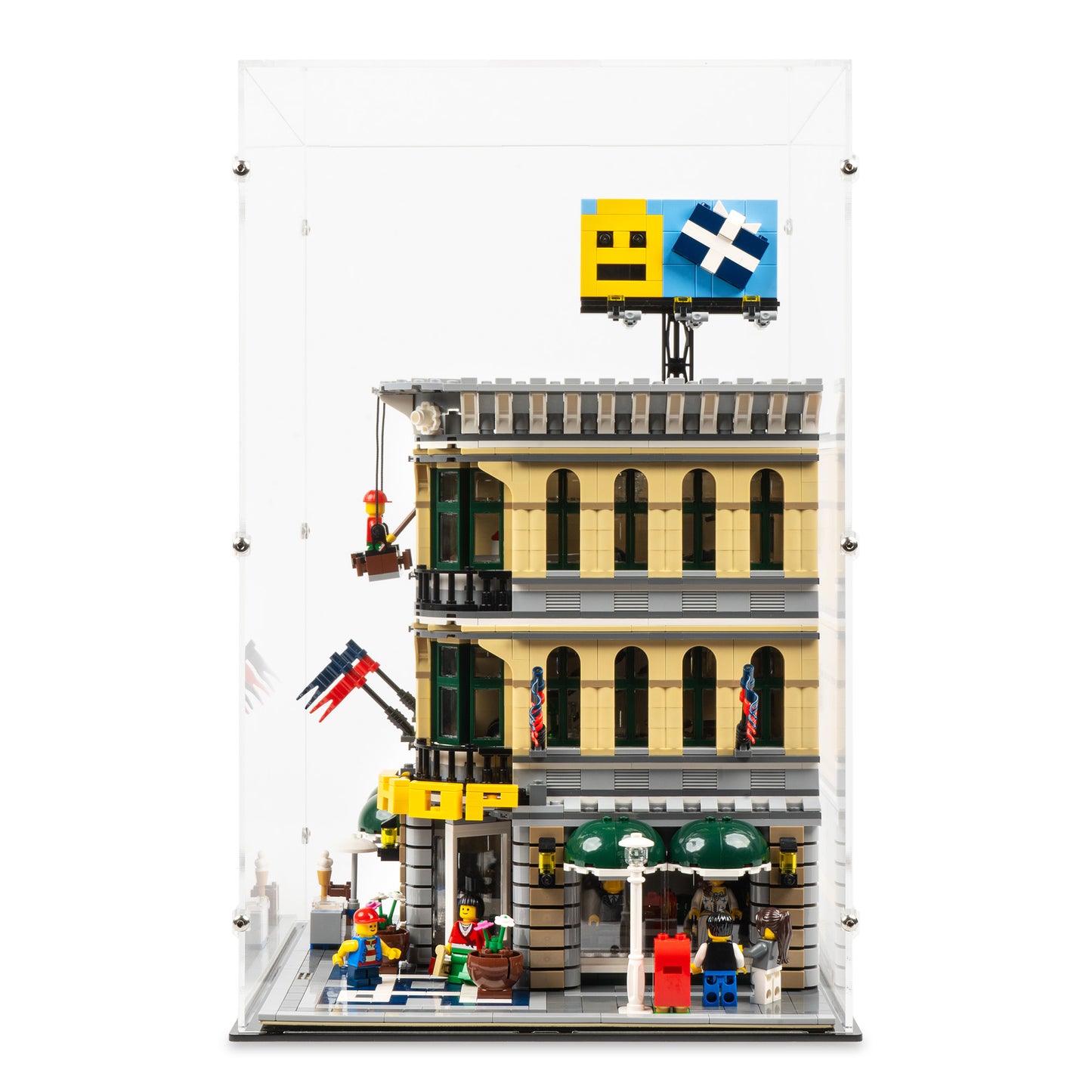 Front view of LEGO 10211 Grand Emporium Display Case.